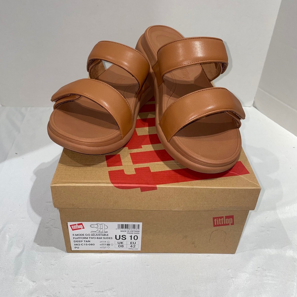 FitFlop F-Mode Go Adjustable Flatform Two-Bar Slides Deep Tan IW2-C15 Womens 10